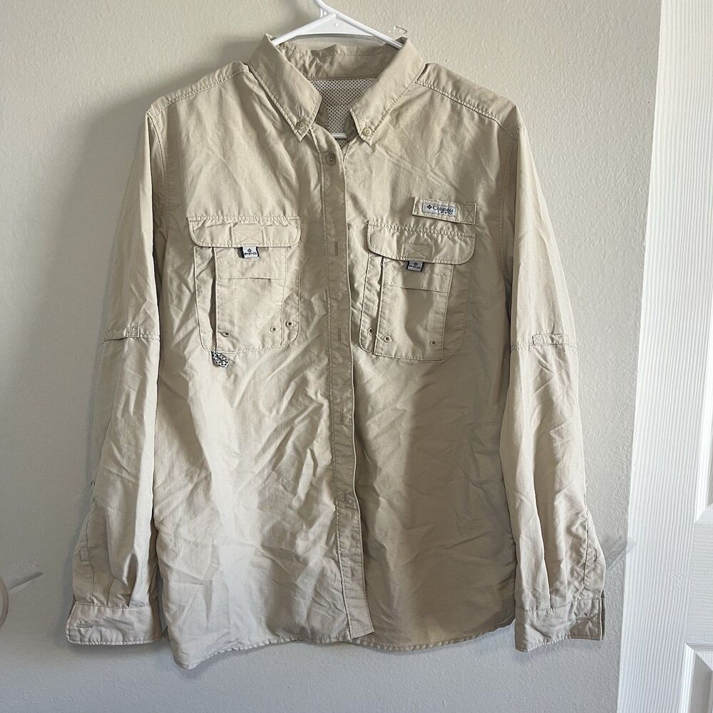 Columbia PFG Long Sleeve Button Down Shirt Hiking Trail Fishing Tan Men L - Picture 7 of 7